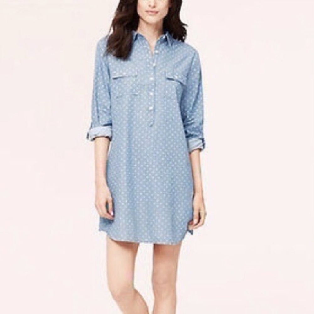 LOFT Blue Dot Button Up Chambray Dress